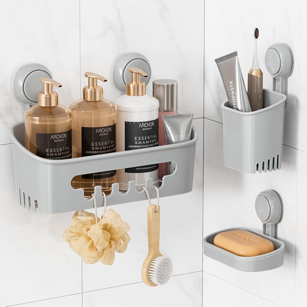 Leverloc Suction Shower Caddy, Set of 2, Grey
