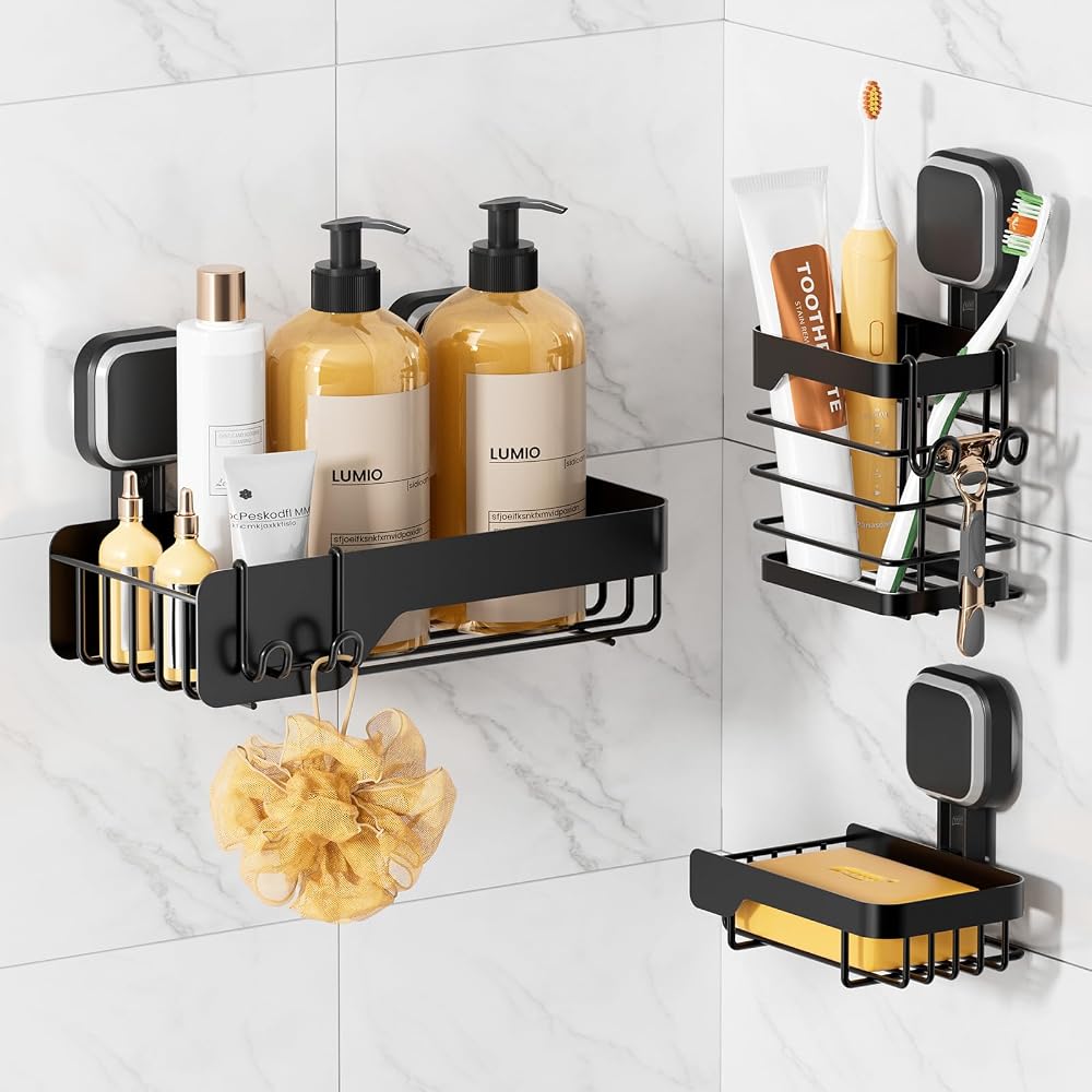 TAILI Suction Shower Shelf Set, 3 Pieces, Black