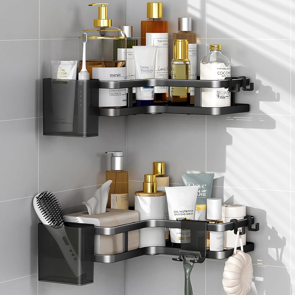 ZVZM Corner Shower Shelf, 2-Pack with 4 Hooks, Black